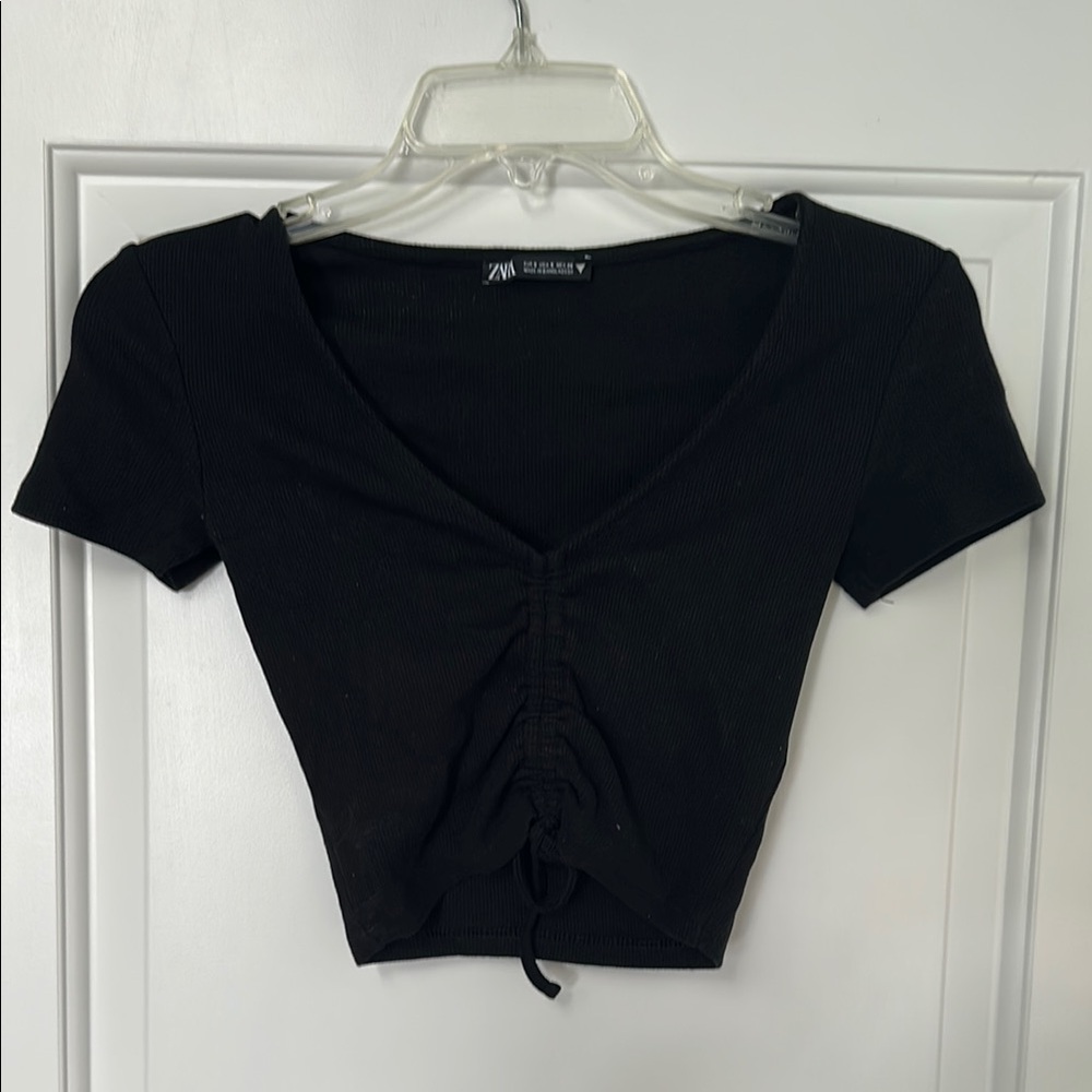 Zara Black Ruched V-Neck Top